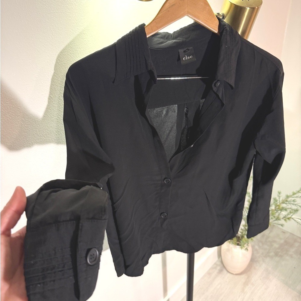 else Button-Up black‎ SM silk rayon blend Pintuck Cuffs luxury workwear collared